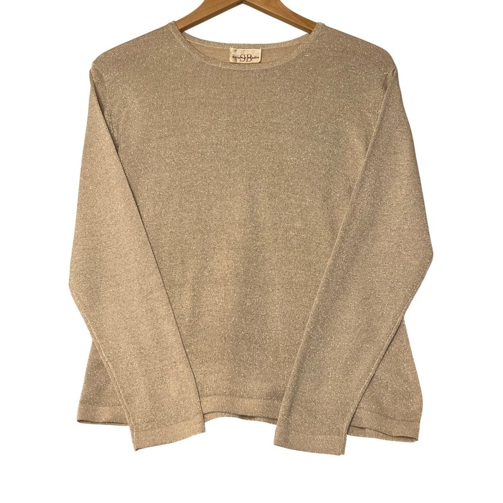 Sarah B Studio Women's Medium Metallic Knit Sweater Crew Long Sleep Silk Blend
